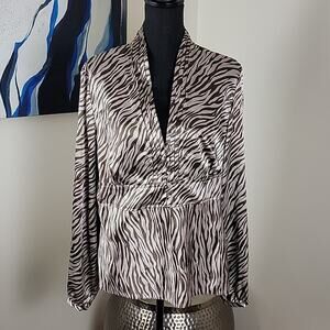Rafaella Zebra Print Satin Blouse size 16 Brown Beige V-Neck Long Sleeve